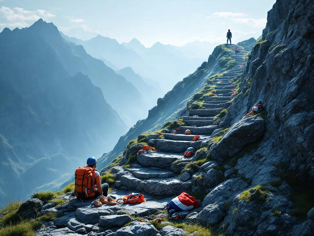 Mountain climbing path with three elevation levels from green base to rocky summit, featuring orange backpack, white rope, and blue helmet along the route.