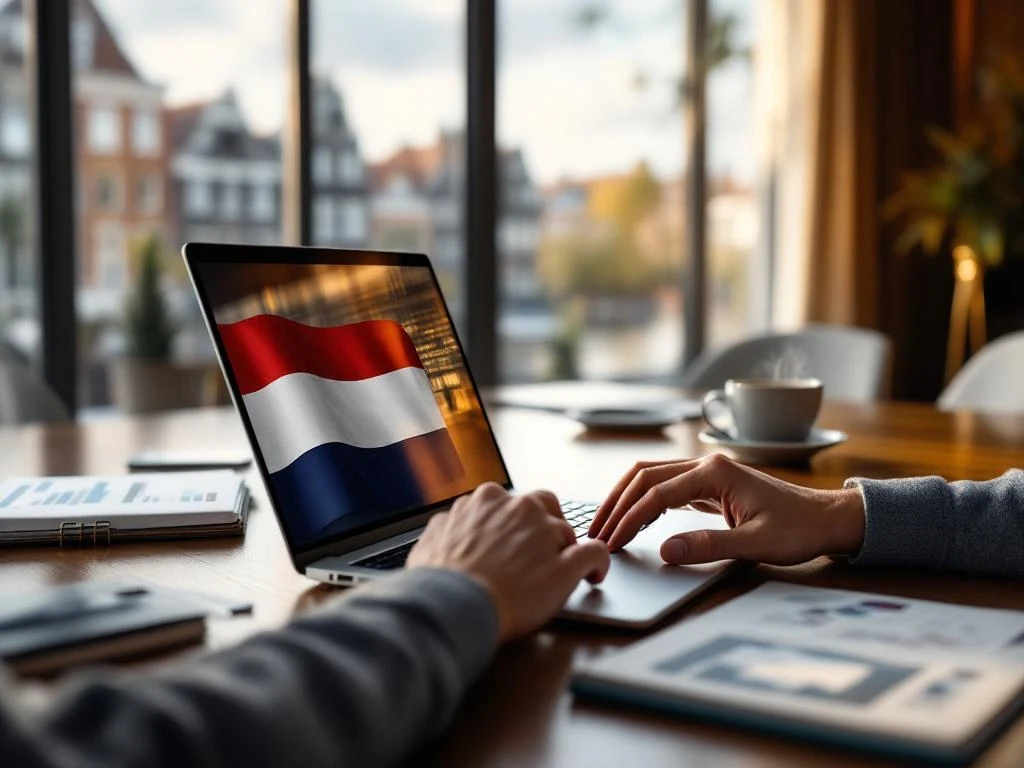 Hands typing on laptop with Dutch flag colors on keys, business documents and coffee on wooden table in Amsterdam office