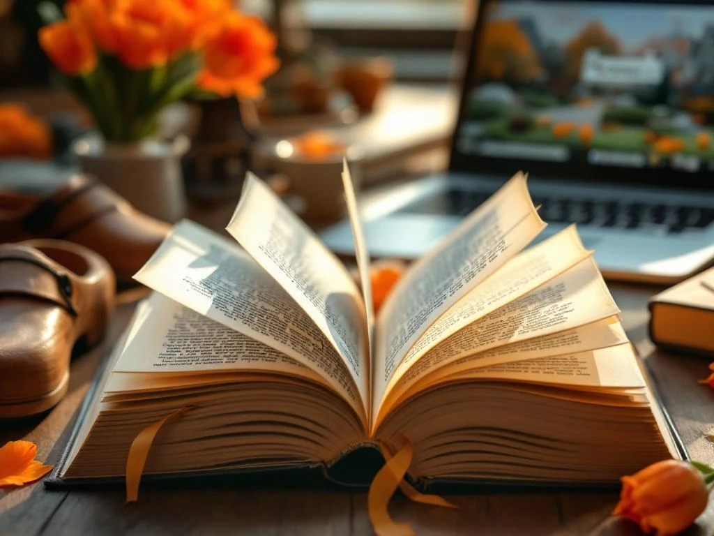 Open Dutch dictionary with fluttering pages surrounded by orange tulips, wooden clogs, and windmill with laptop showing digital learning interface