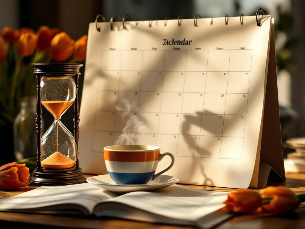 Calendar on wooden desk with open Dutch dictionary, coffee cup, orange tulips, and vintage hourglass in warm lighting.