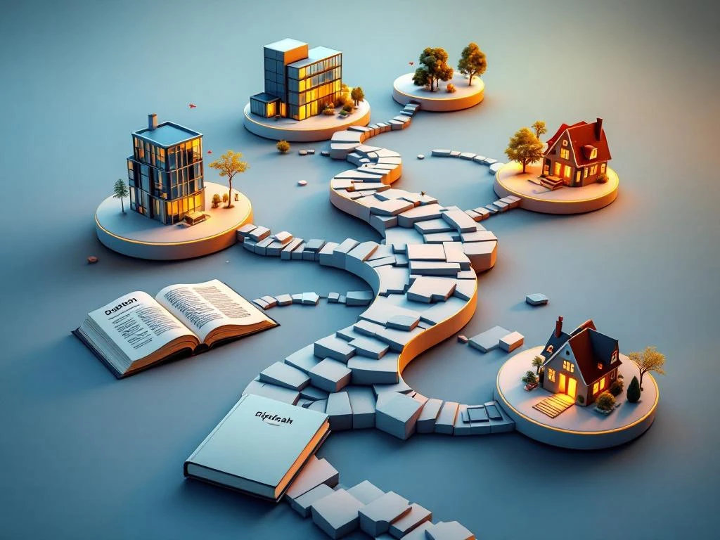 Winding path with Dutch textbook stepping stones branching toward office building, university campus, residential neighborhood, and certification diploma