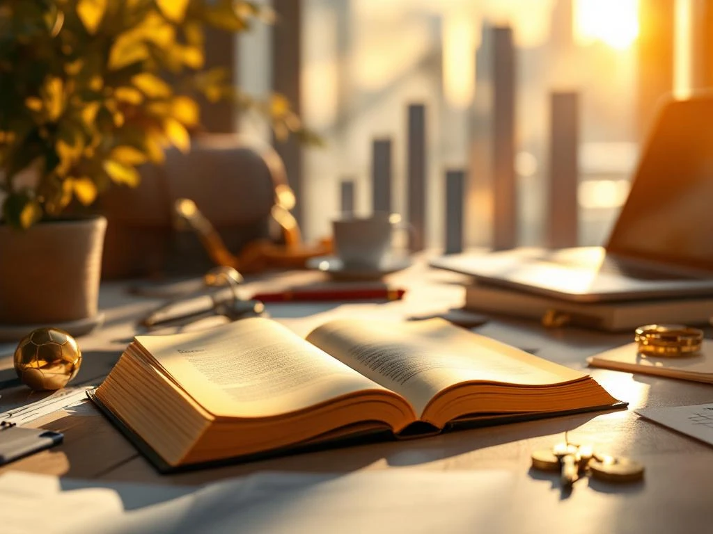 Dutch language textbook with orange pages surrounded by laptop, briefcase, and office keys in golden lighting.