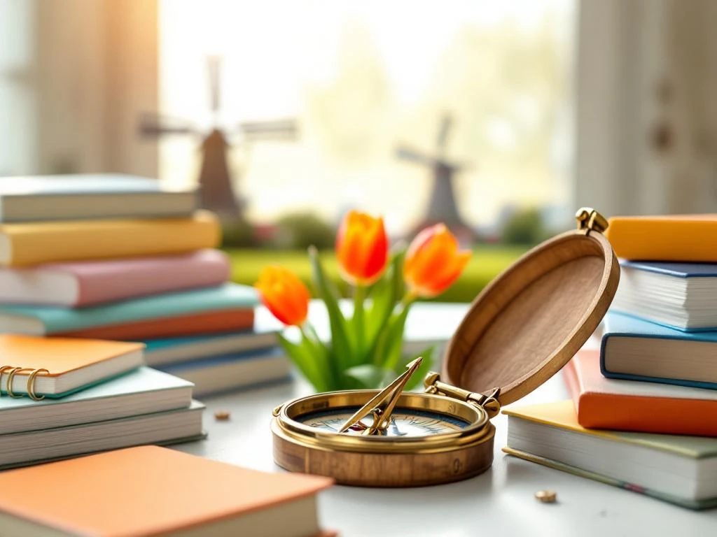 Wooden compass pointing toward Dutch flag with colorful language learning textbooks, orange tulips, and windmill silhouette.