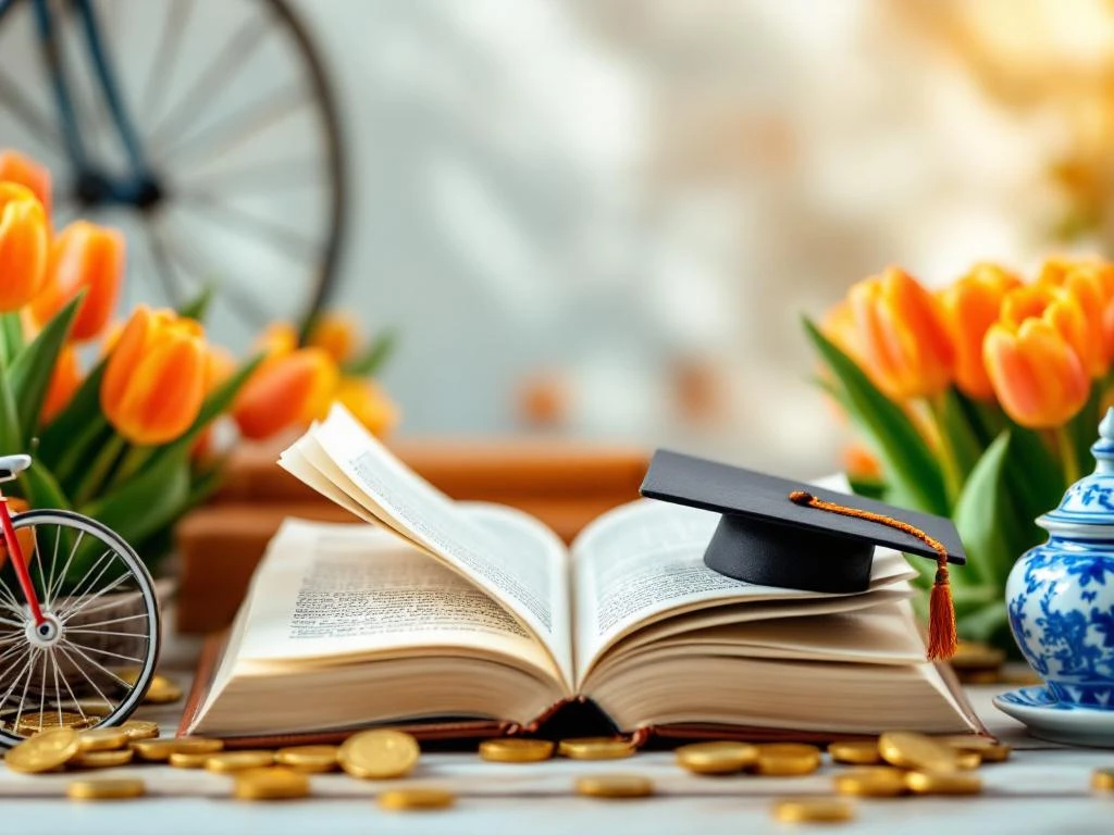 Open Dutch dictionary with fluttering pages surrounded by orange tulips, windmill, Delft pottery, and graduation cap
