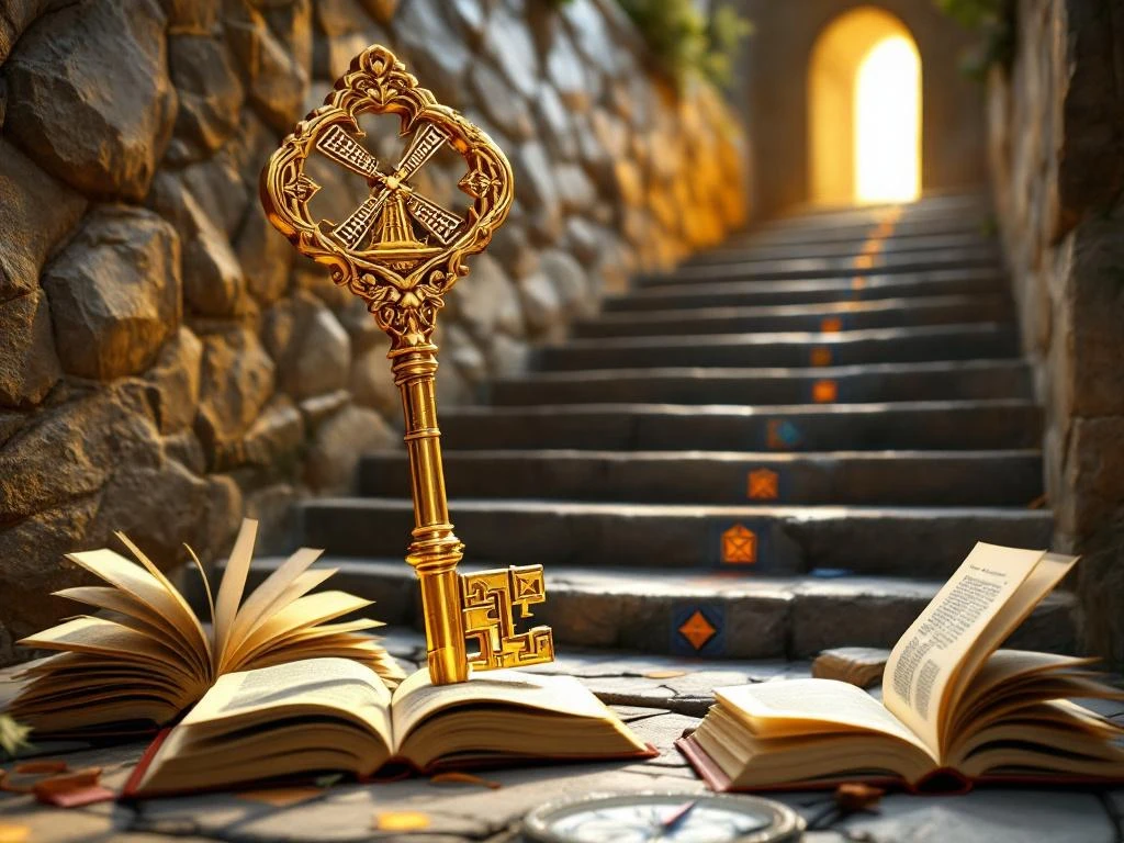 Golden key with Dutch windmill engravings in foreground, stone steps with orange-blue patterns leading to glowing doorway, books and compass scattered around base.