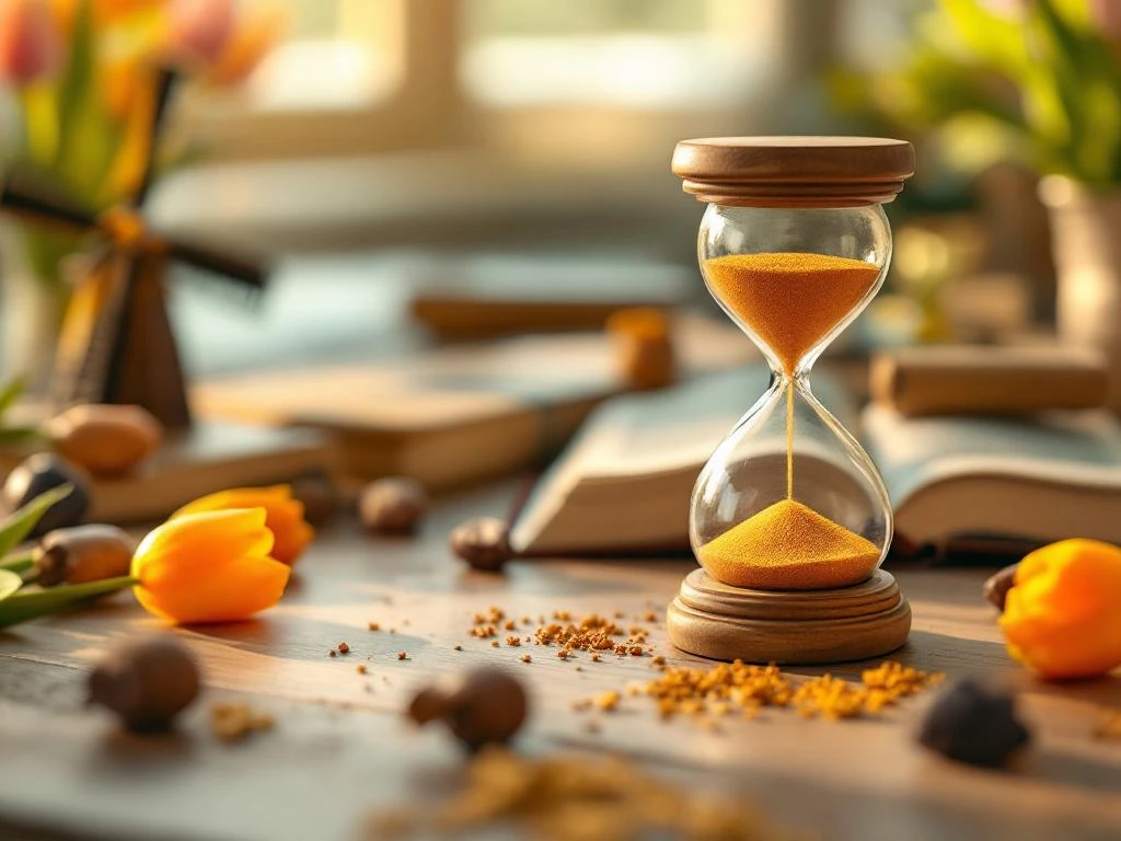 Vintage wooden hourglass with orange sand beside open Dutch dictionary, wooden clogs, tulips, and windmill on desk