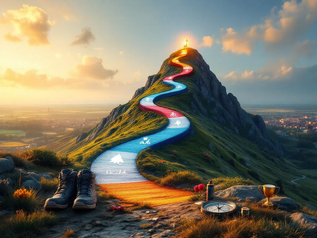 Mountain path in Dutch flag colors leads to glowing summit with cultural milestone markers including bicycle, tulips, windmill and cheese wheel