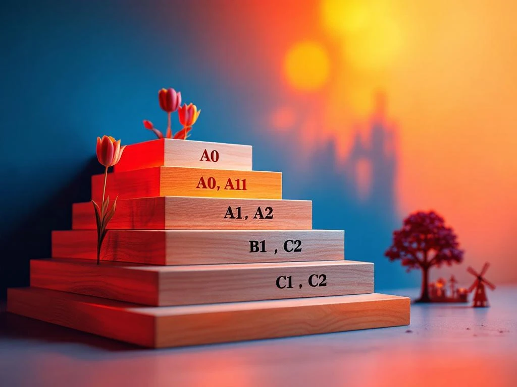 Wooden stepped pyramid showing Dutch language proficiency levels A0 through C2, with orange-blue lighting and tulip symbols.