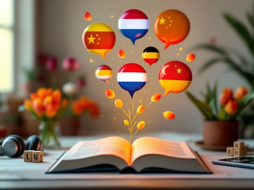 Open Dutch textbook surrounded by colorful speech bubbles with international flags transforming into orange tulips spiraling toward glowing Dutch flag, with learning materials and tablet displaying language icons on white background.