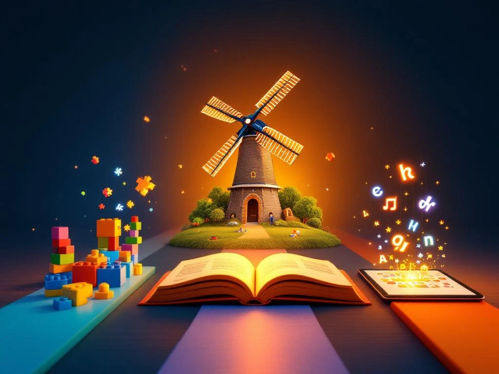 Dutch windmill at center with three learning paths: building blocks on left, open book with audio waves in center, tablet with interactive elements on right