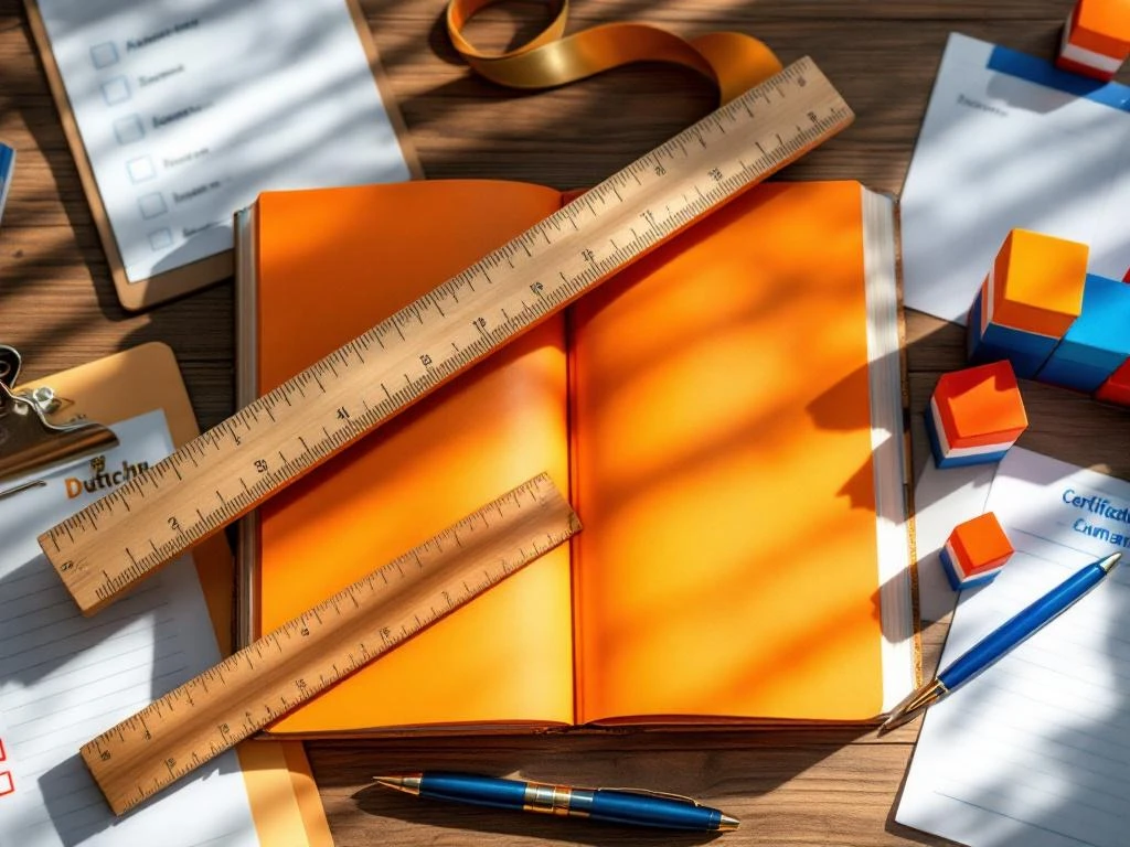 Dutch textbook with wooden ruler and measuring tape, surrounded by progress tracking tools including clipboard, calendar, and orange-white-blue building blocks