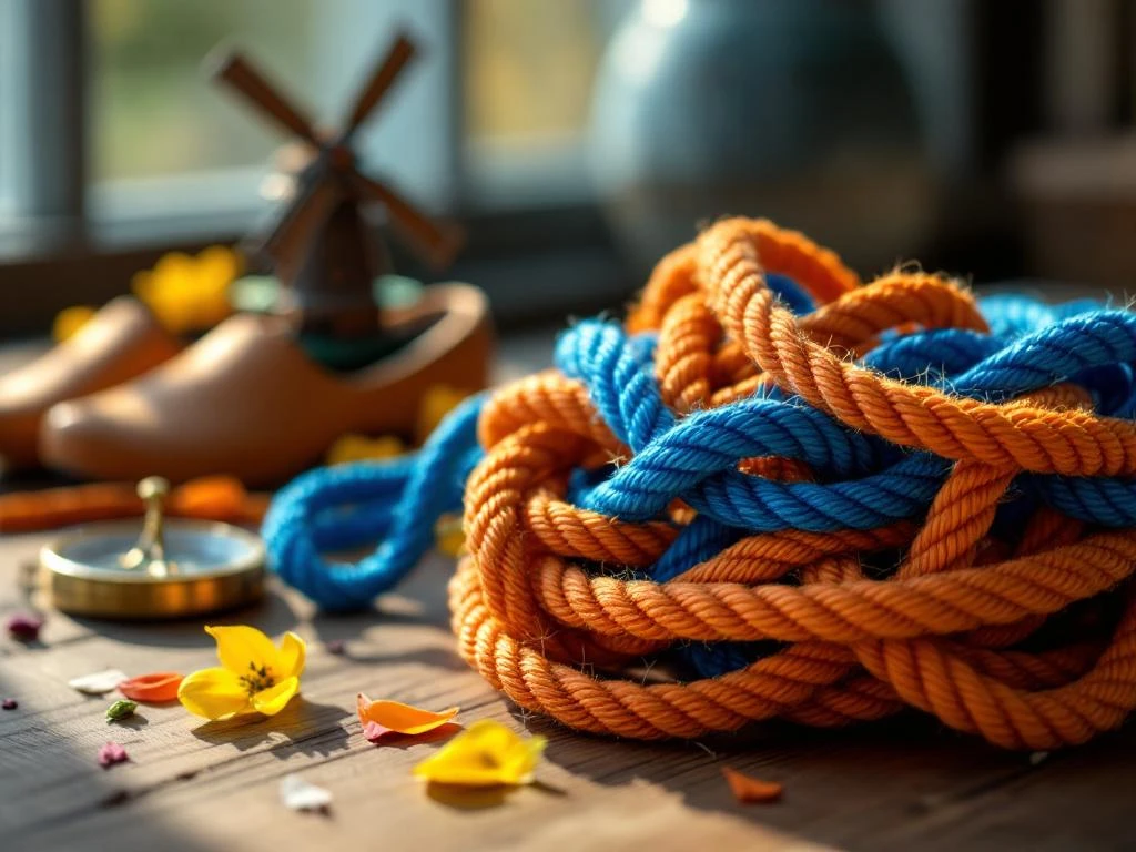 Tangled orange and blue rope knots on wooden desk with Dutch clogs, tulip petals, and windmill figurine in background.