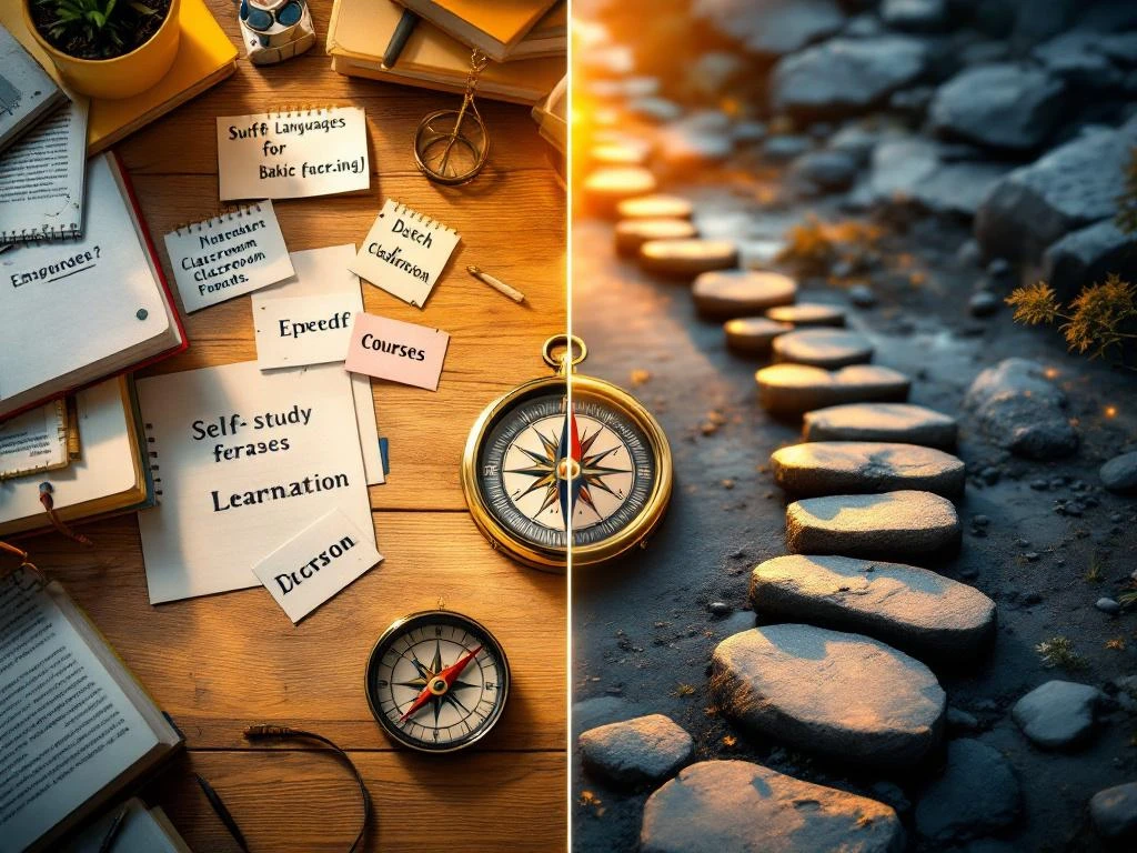 Split-scene comparison: chaotic Dutch study materials with confused compass versus organized classroom with clear learning path