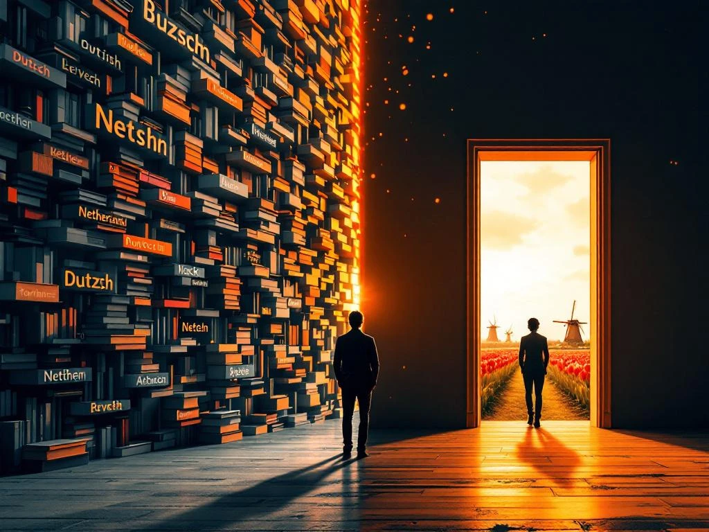 Split-screen showing person overwhelmed by Dutch language barriers on left, confidently entering Netherlands-shaped doorway on right.