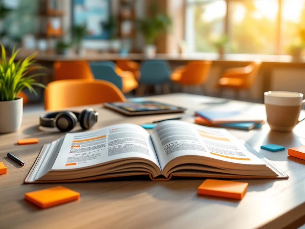 Open Dutch textbook on desk with tablet, headphones, and learning materials in classroom setting with natural lighting.