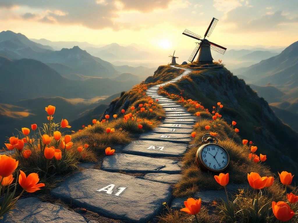 Winding mountain path with Dutch language learning milestone stones A1, A2, B1, pocket watch, windmills, and orange tulips
