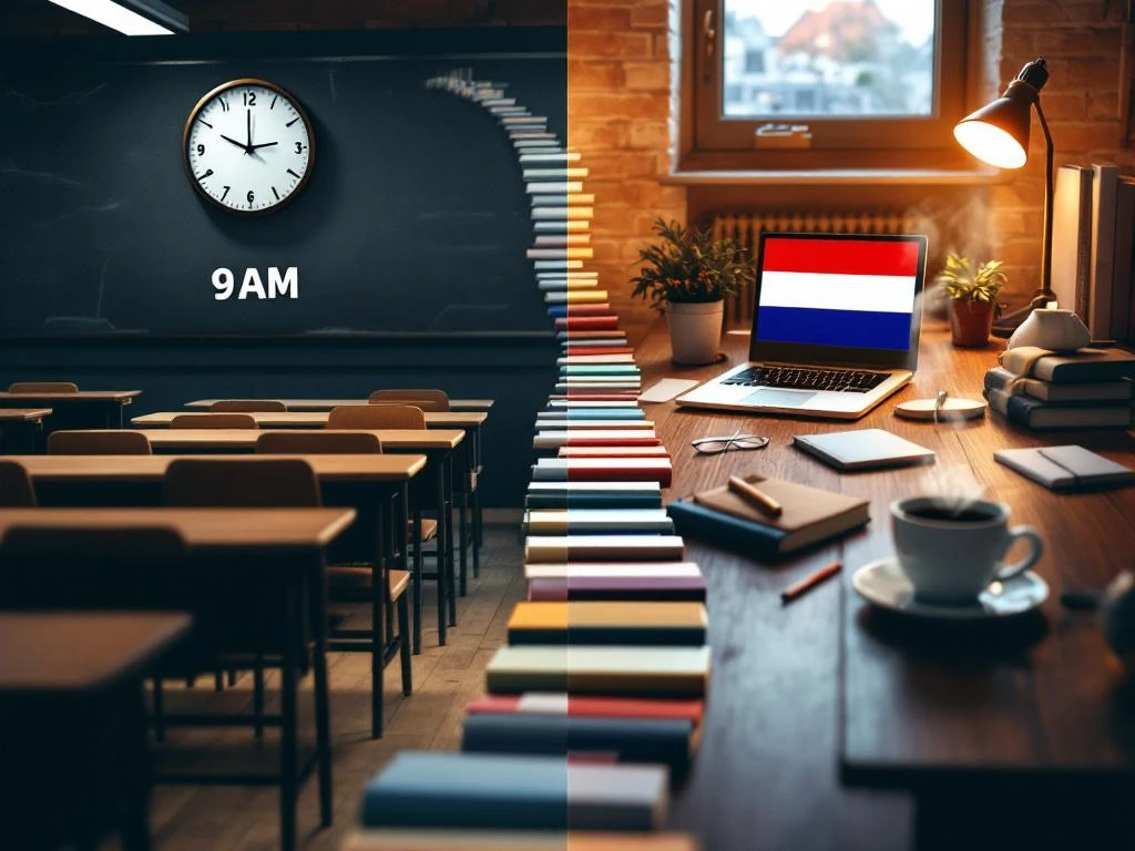 Split-screen showing rigid classroom with clock at 9 AM versus flexible Dutch language learning setup with laptop and cozy lighting