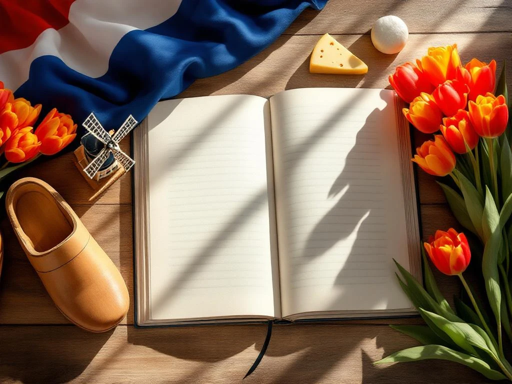 Open Dutch language textbook surrounded by wooden clogs, miniature windmill, cheese wheels, and orange tulips on wooden table.