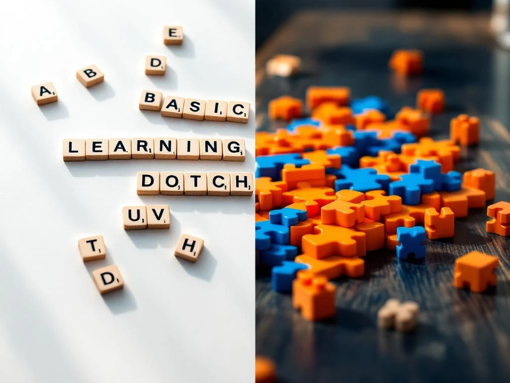 Split-screen showing wooden Dutch alphabet blocks on left and complex orange-blue geometric puzzle on right, illustrating learning progression.