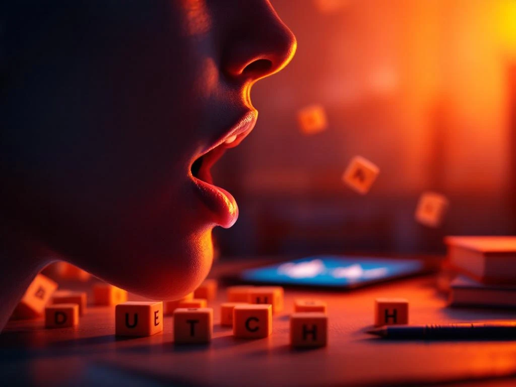 Close-up of mouth in profile demonstrating Dutch pronunciation with floating letter blocks and educational materials in orange-blue lighting.