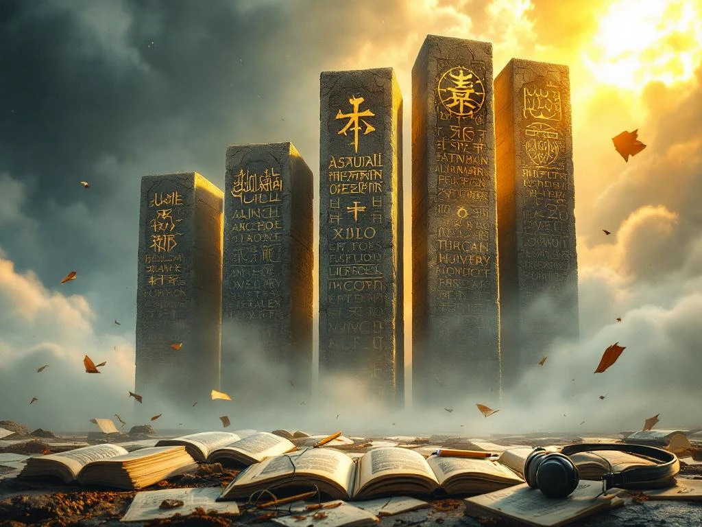 Five towering stone monuments with ancient scripts in mist, surrounded by scattered books and broken pencils suggesting learning challenges.