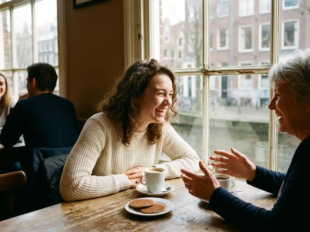Two women laughing together at a cozy Dutch café, golden afternoon light streaming through a canal-view window behind them.