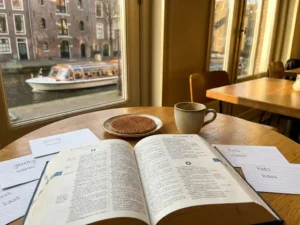 Open Dutch-English dictionary on a sunlit café table with a stroopwafel, espresso, and handwritten Dutch flashcards, Amsterdam canal visible through window.