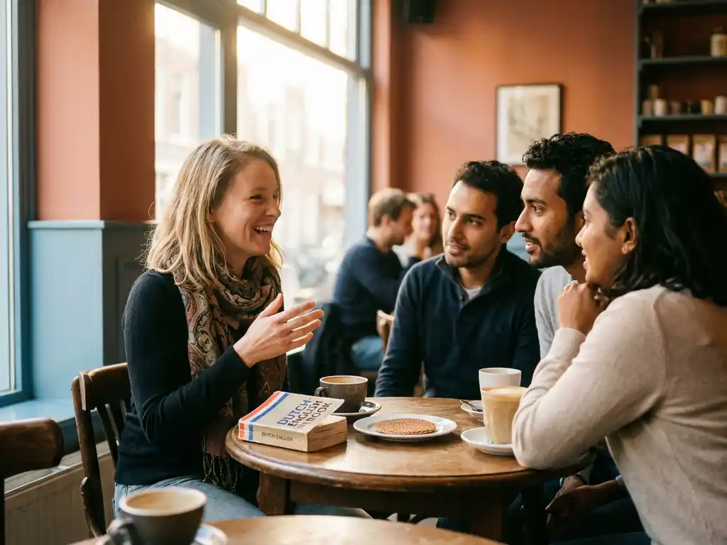 Dutch expat woman speaking with English-speaking colleagues at an Amsterdam café, with a Dutch-English phrasebook and stroopwafel on the wooden table.