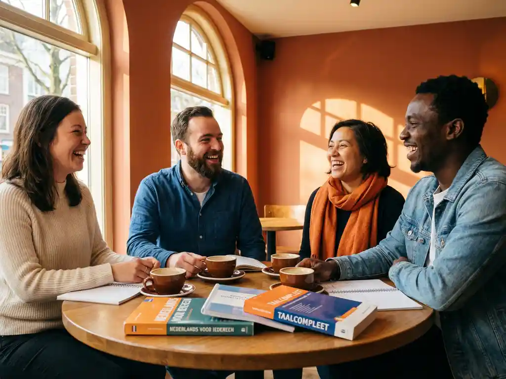Diverse adults laughing around a café table with Dutch textbooks and coffee cups during a conversational language practice session.