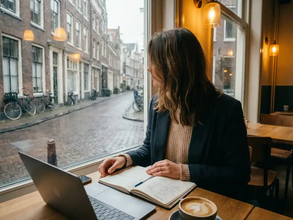 Young professional woman studying Dutch at a café table with a language workbook, laptop, and coffee beside a rain-streaked window.