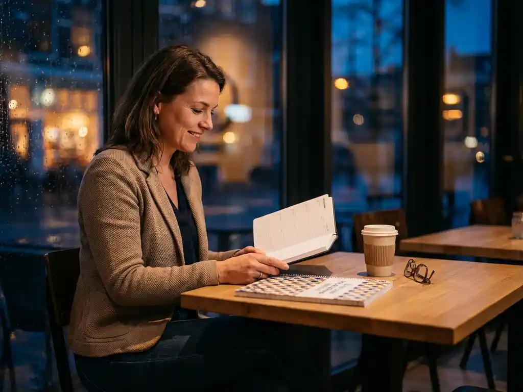 Professional woman reviewing a weekly planner beside a Dutch language workbook at a café table, warm amber city lights glowing through evening windows.