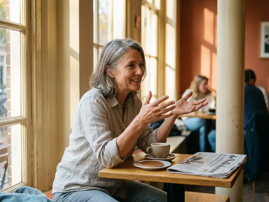 Expat gesturing expressively at a sunlit Dutch café table with a folded Dutch-language newspaper nearby.
