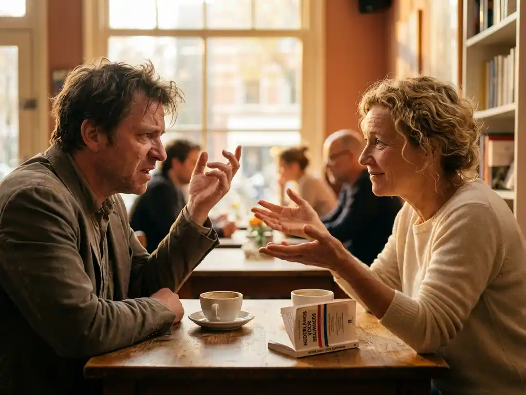 Frustrated expat learning Dutch from a smiling native speaker at a cozy Amsterdam café, phrase book and coffee cups on wooden table.
