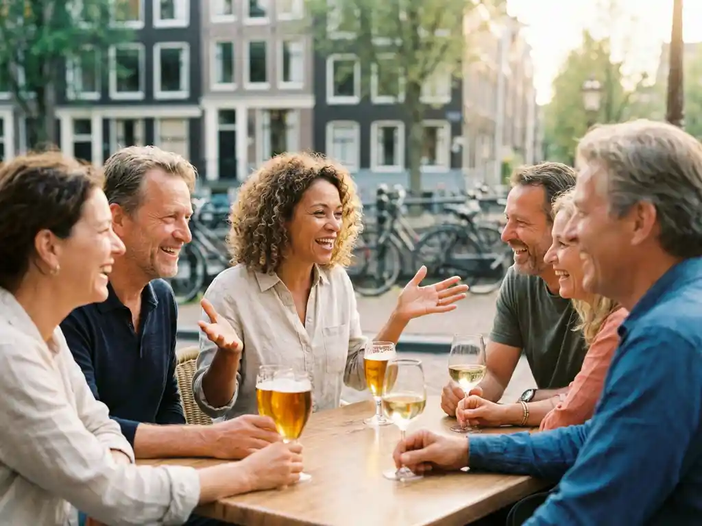 Diverse expats laughing and sharing drinks on a sunlit Amsterdam café terrace, canal houses and bicycles softly blurred behind them.