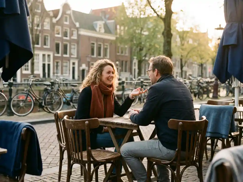 Expat woman chatting with a local friend at a Amsterdam canal-side café terrace in warm golden afternoon light.