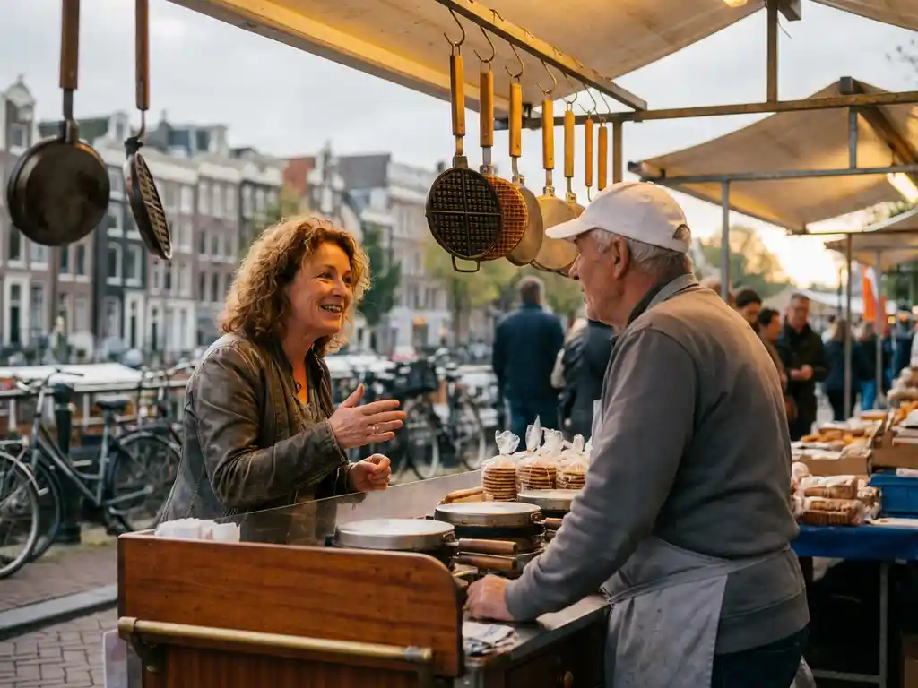 Expat woman connecting with a Dutch stroopwafel vendor at an outdoor Amsterdam market, canal houses and bicycles softly blurred behind them.