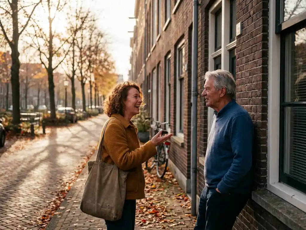 Expat woman chatting with Dutch neighbor outside brick row house, holding reusable grocery bag amid autumn cobblestone street in warm afternoon light.