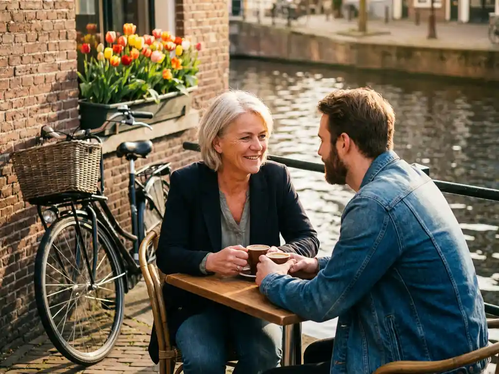 Dutch local and expat sharing a warm smile at a sunlit Amsterdam canal-side café, bicycles against brick wall, tulips in window box.