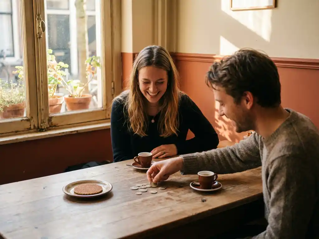 Two friends splitting a café bill at a Dutch coffee shop, sliding coins across a wooden table with espresso cups and a stroopwafel nearby.