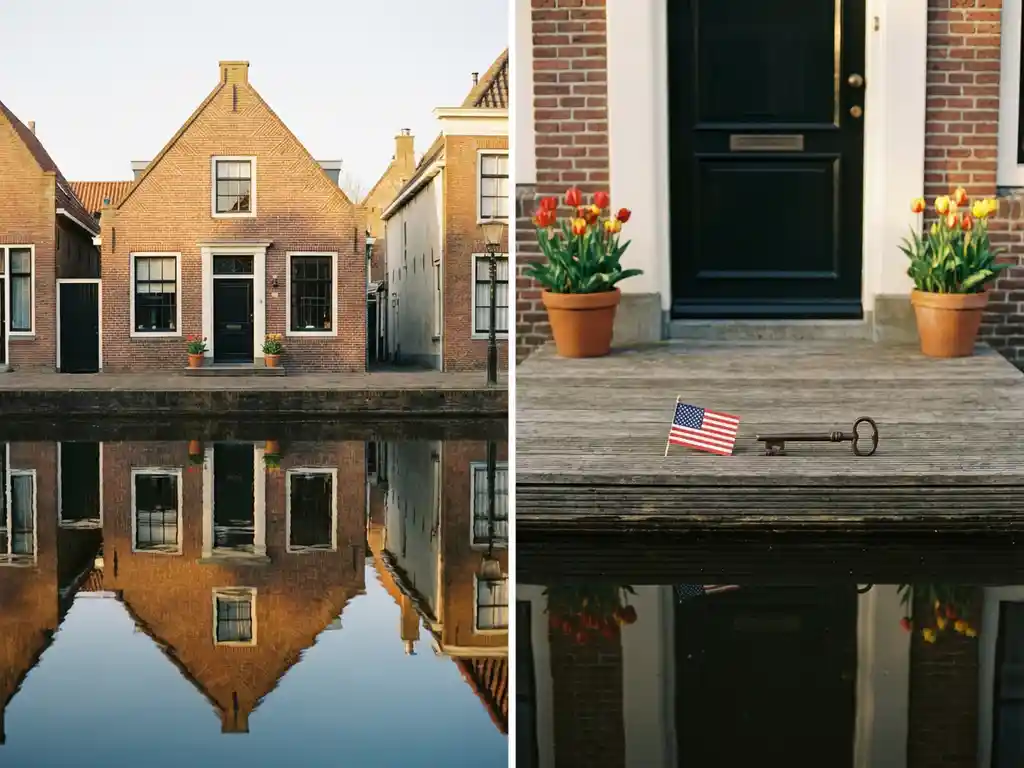 Red-brick Dutch canal house with gabled facade reflected in still water, American flag pin and traditional key on wooden doorstep, tulips in terracotta pots.