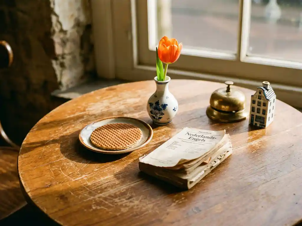 Worn wooden table with a stroopwafel, tulip in a vase, Dutch phrasebook, bicycle bell, and canal-house figurine in warm afternoon light.