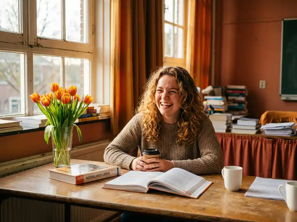 Dutch expat student laughing in a cozy classroom, open textbook and tulips on desk, warm golden afternoon light streaming through window.