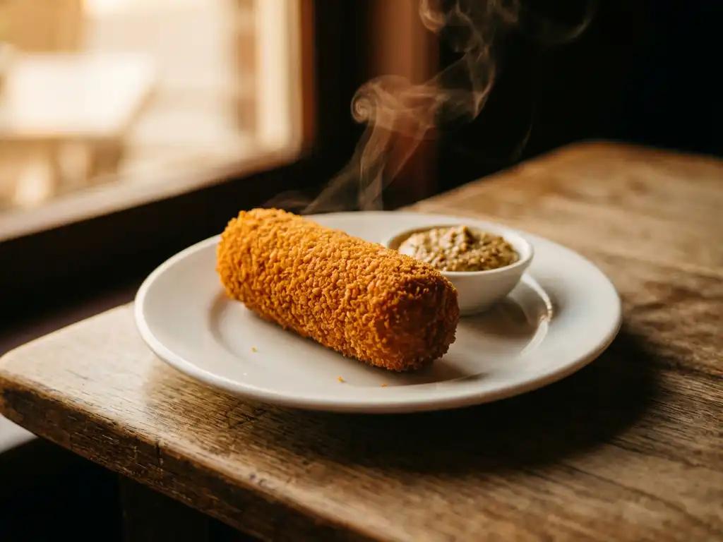 Golden Dutch kroket on a white plate with mustard dipping sauce, steam rising, shot in warm café light.