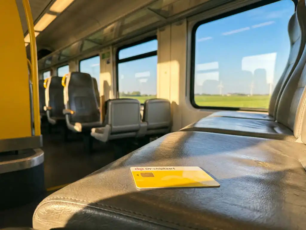 Yellow OV-chipkaart on a train seat in a sunlit Dutch intercity carriage with polder landscape visible through windows.