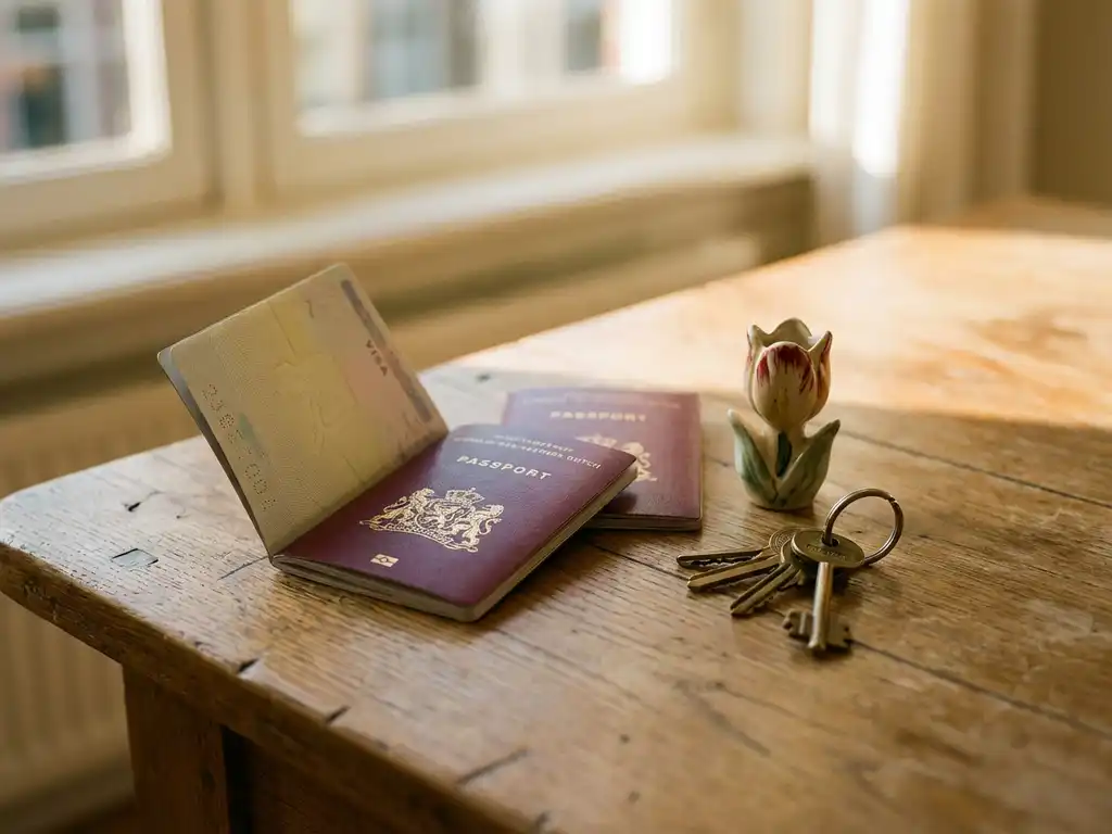 Open Dutch burgundy passport on oak table with house keys and ceramic tulip figurine in soft afternoon light.