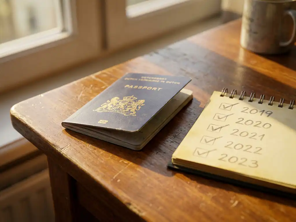Worn Dutch passport open on a wooden desk beside a calendar marking five years, bathed in warm afternoon light.