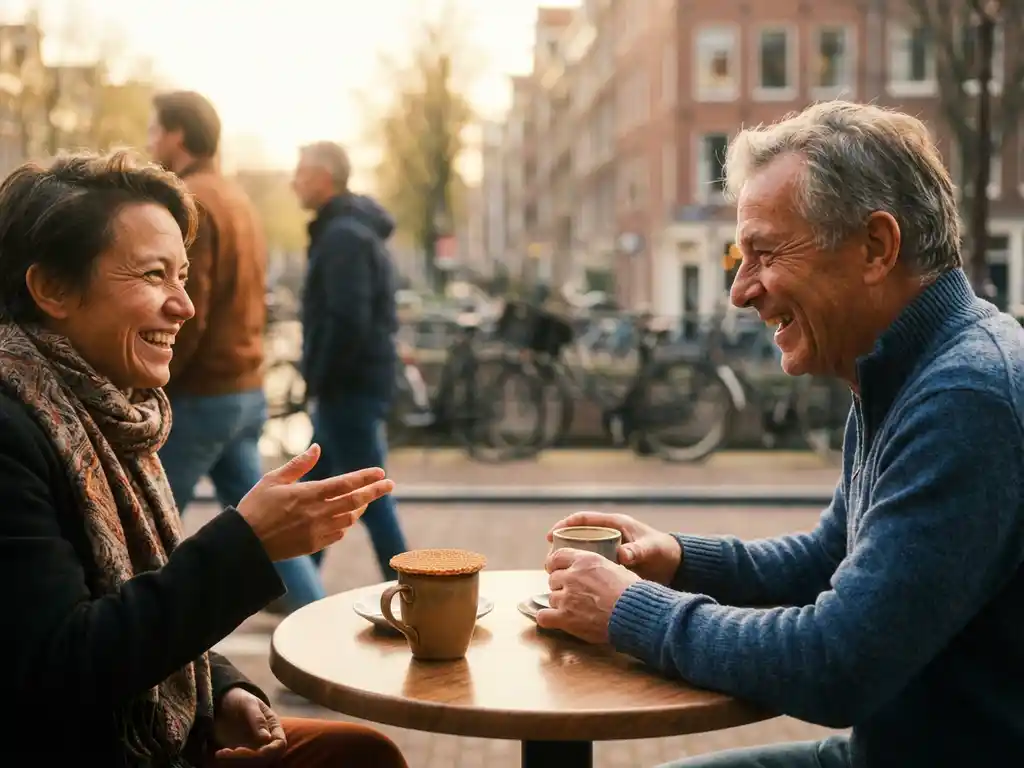 Expat and Dutch local laughing together over coffee on a sunlit Amsterdam café terrace, stroopwafel resting on a ceramic mug nearby.