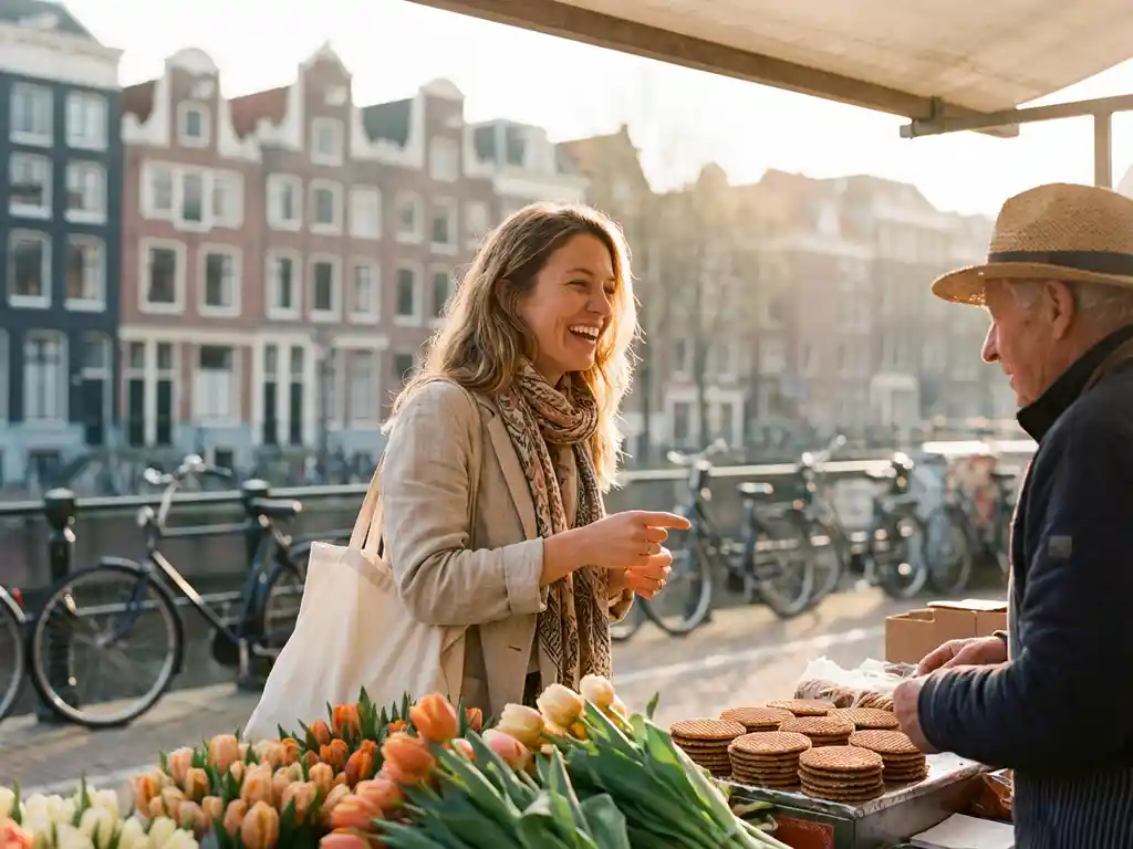 Expat woman with reusable tote bag chatting with a vendor at a Dutch street market surrounded by tulips, stroopwafels, and row houses.