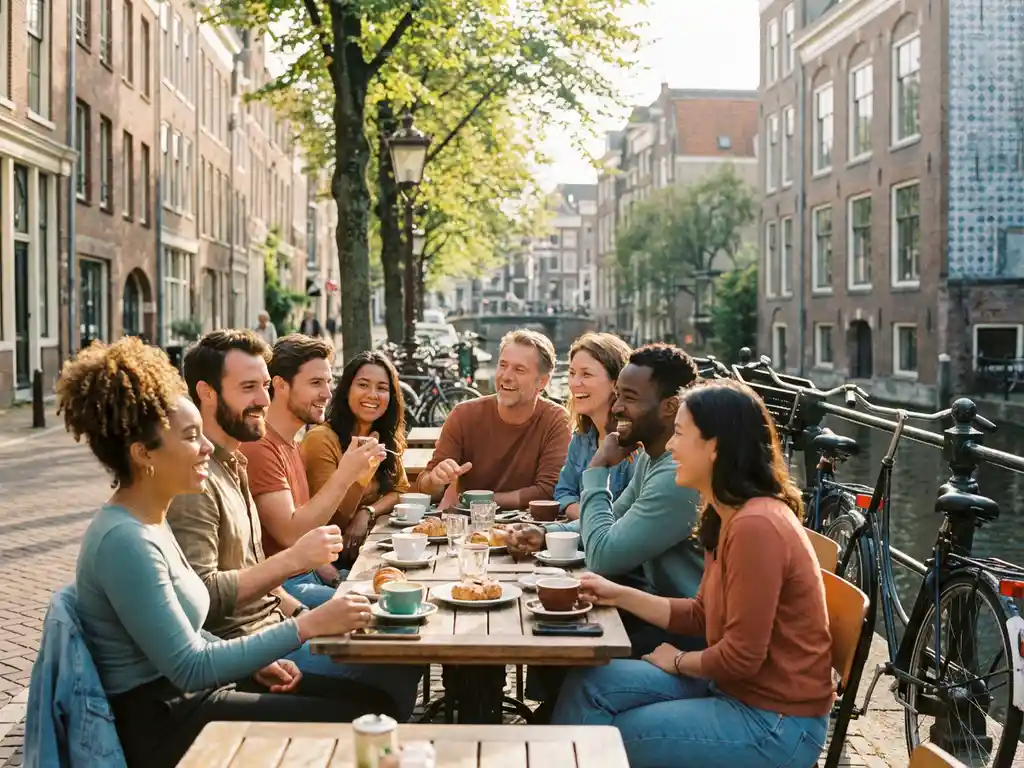 Diverse expats socializing at a sunlit Dutch canal café, Delft-blue tiled buildings and bicycles lining the brick waterfront.