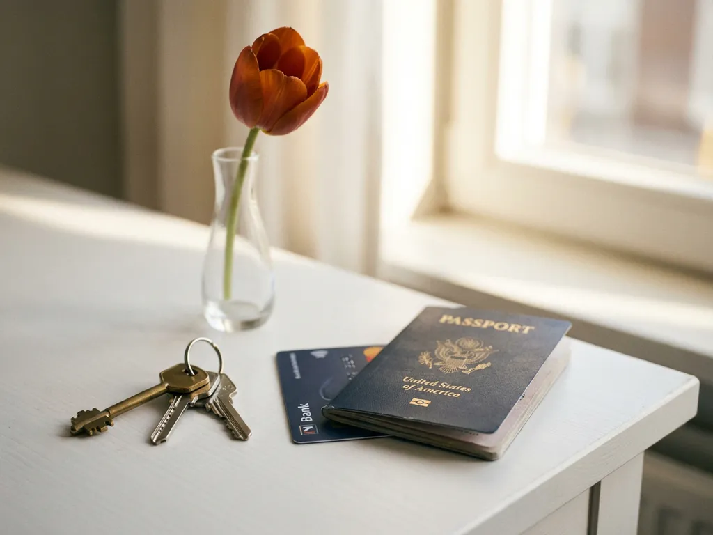 Foreign passport, Dutch bank card, and house keys on a white desk beside an orange tulip in a glass vase, soft natural light.